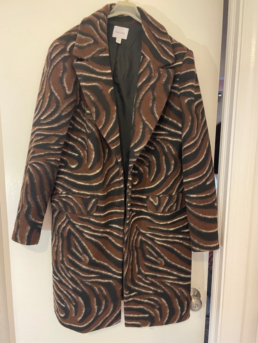 Nine West Brown and Black Patterned Long Trench Coat